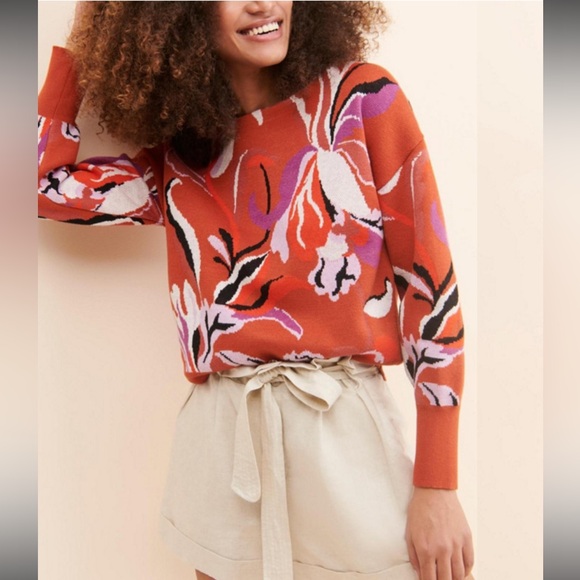 Anthropologie Sweaters - Maeve Boat Neck Orange and White Knit Sweater Size XS